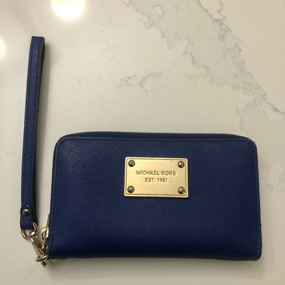 Michael Kors Navy Blue Wristlet Wallet with Gold Plaque